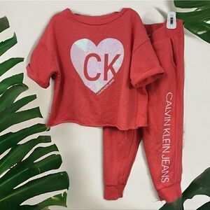 Calvin Klein Jeans 2pc Girls French Terry Sweatshirt & Jogger Pants Orange S 7/8